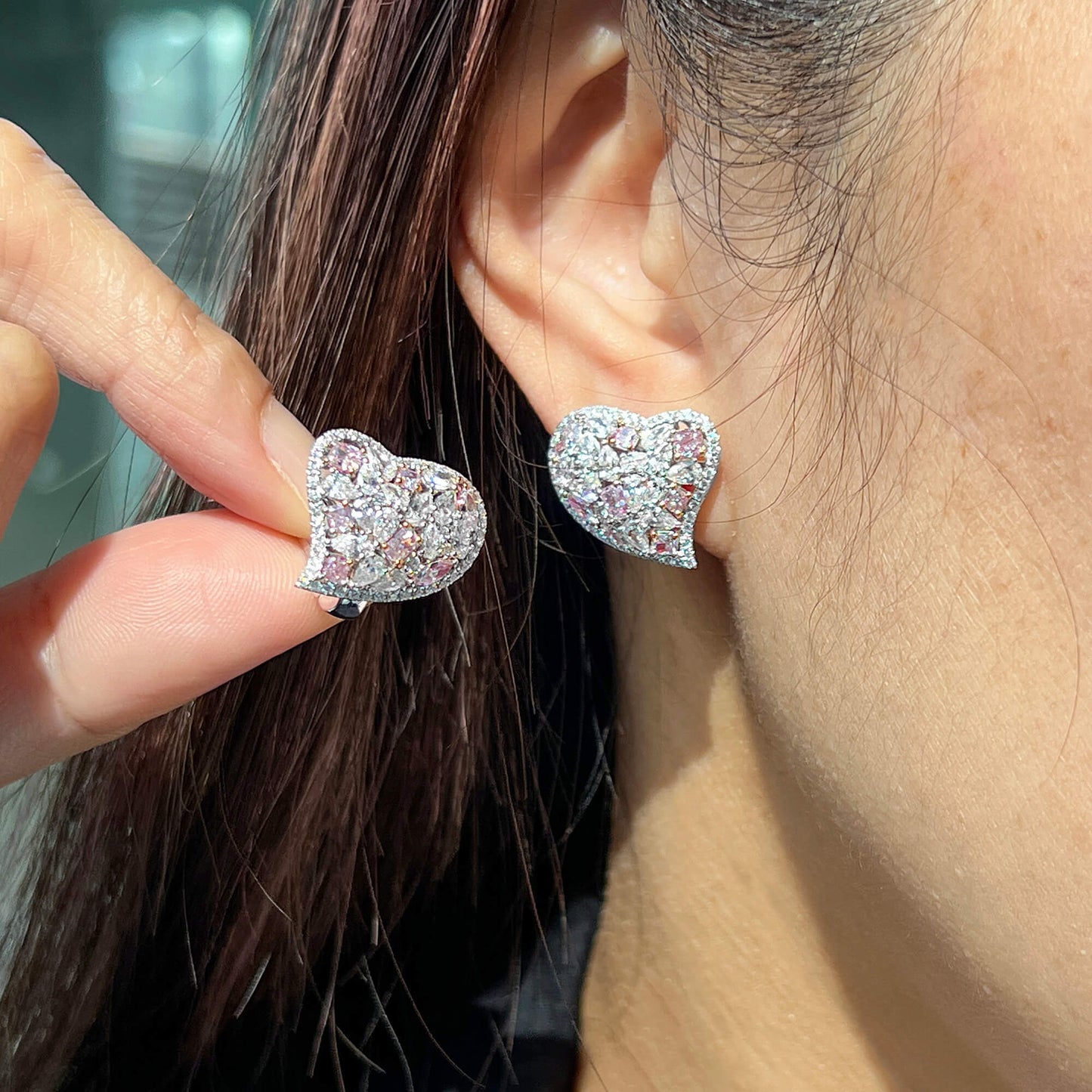 Very Light Pink & White Diamond Stud Earrings, 18K White Gold, 4.0 Ct. TW