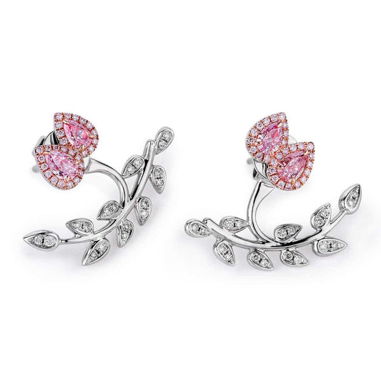 Natural Pink & White Diamond Cluster Earrings, 18K White Gold, Pear Shape, 1.20 Ct. TW