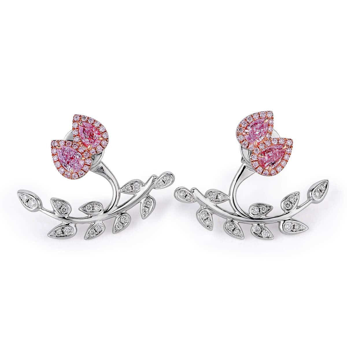 Natural Pink & White Diamond Cluster Earrings, 18K White Gold, Pear Shape, 1.20 Ct. TW