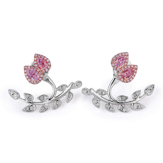 Natural Pink & White Diamond Cluster Earrings, 18K White Gold, Pear Shape, 1.20 Ct. TW