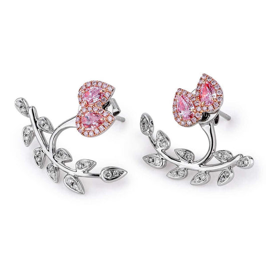 Natural Pink & White Diamond Cluster Earrings, 18K White Gold, Pear Shape, 1.20 Ct. TW