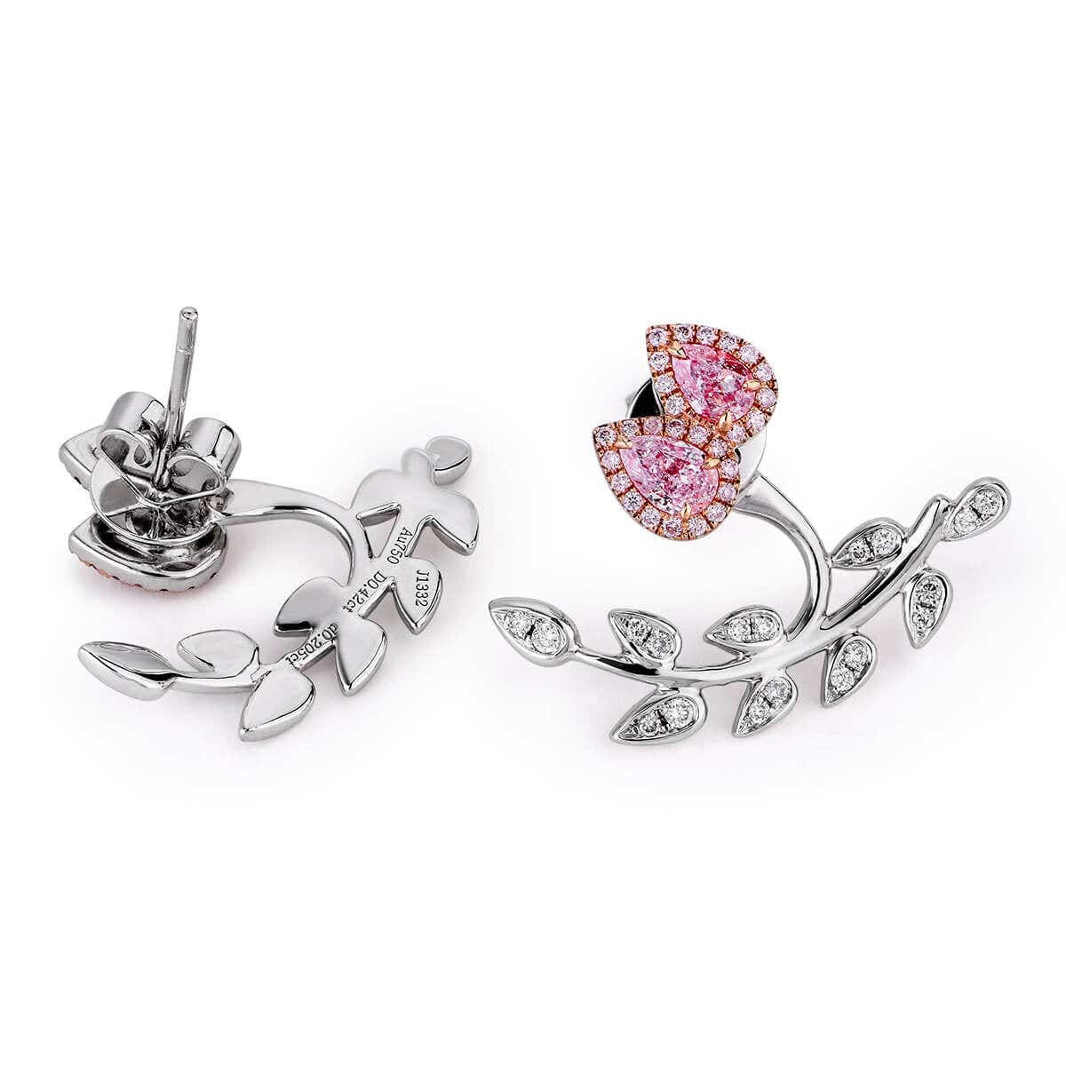 Natural Pink & White Diamond Cluster Earrings, 18K White Gold, Pear Shape, 1.20 Ct. TW