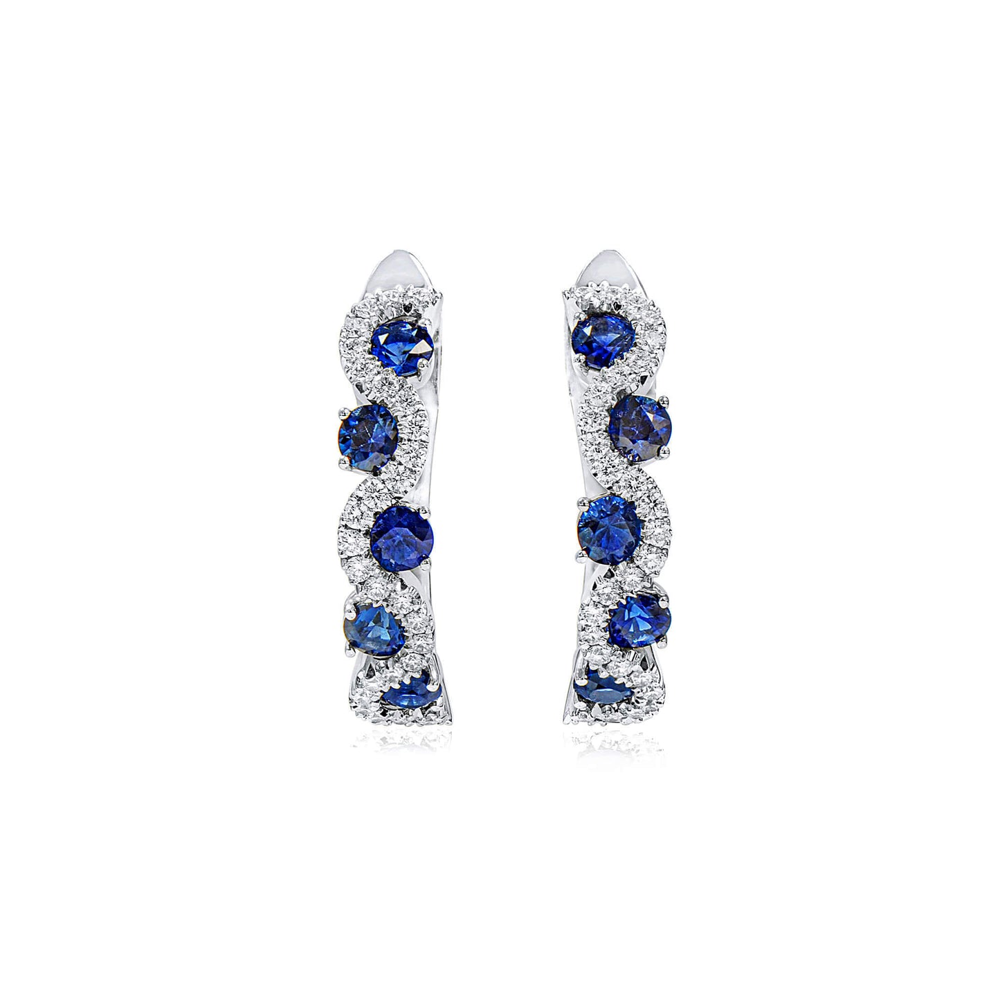 Natural Blue Sapphire Hoop Earrings, 18K White Gold, Round Shape, 2.56 Ct. TW