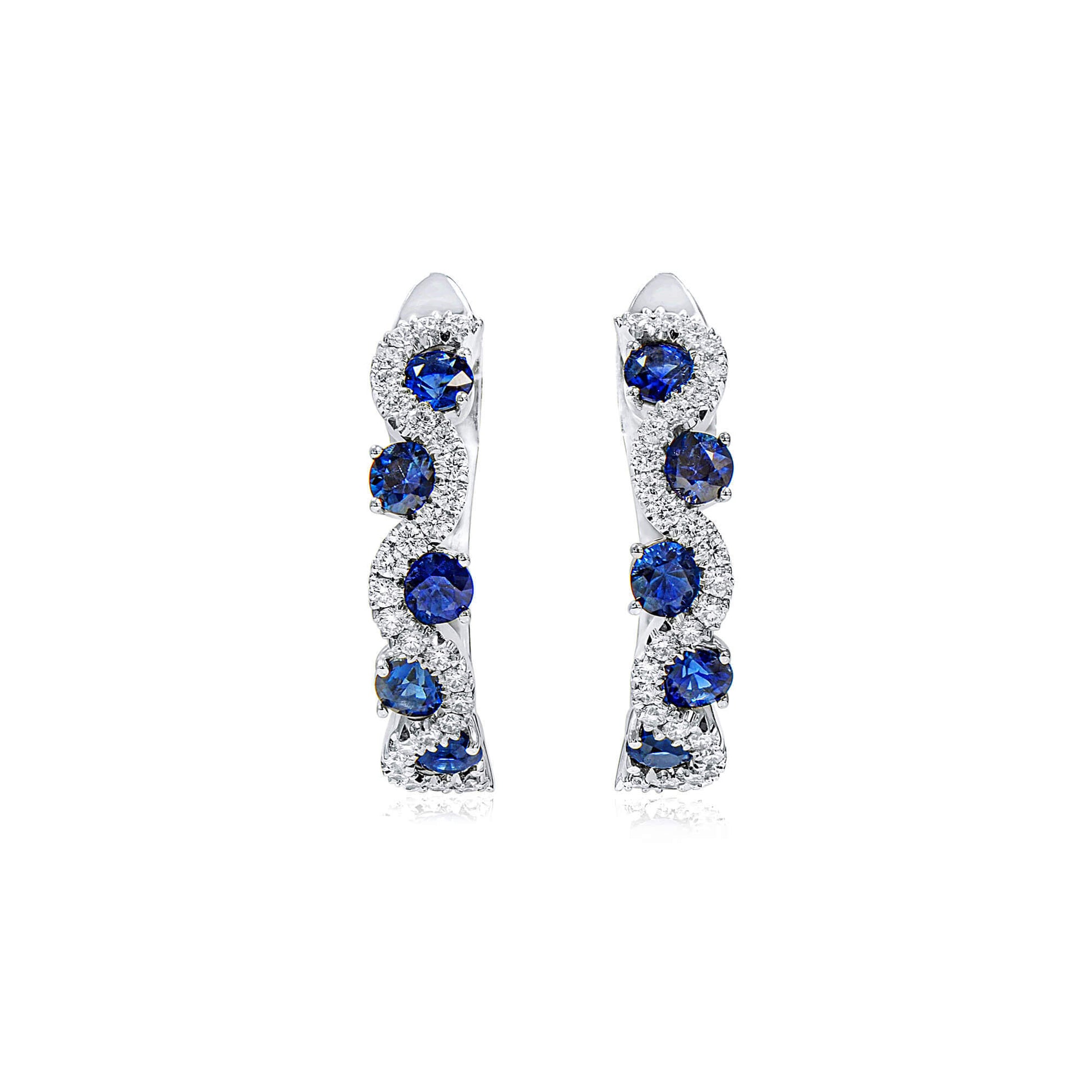 Natural Blue Sapphire Hoop Earrings, 18K White Gold, Round Shape, 2.56 Ct. TW