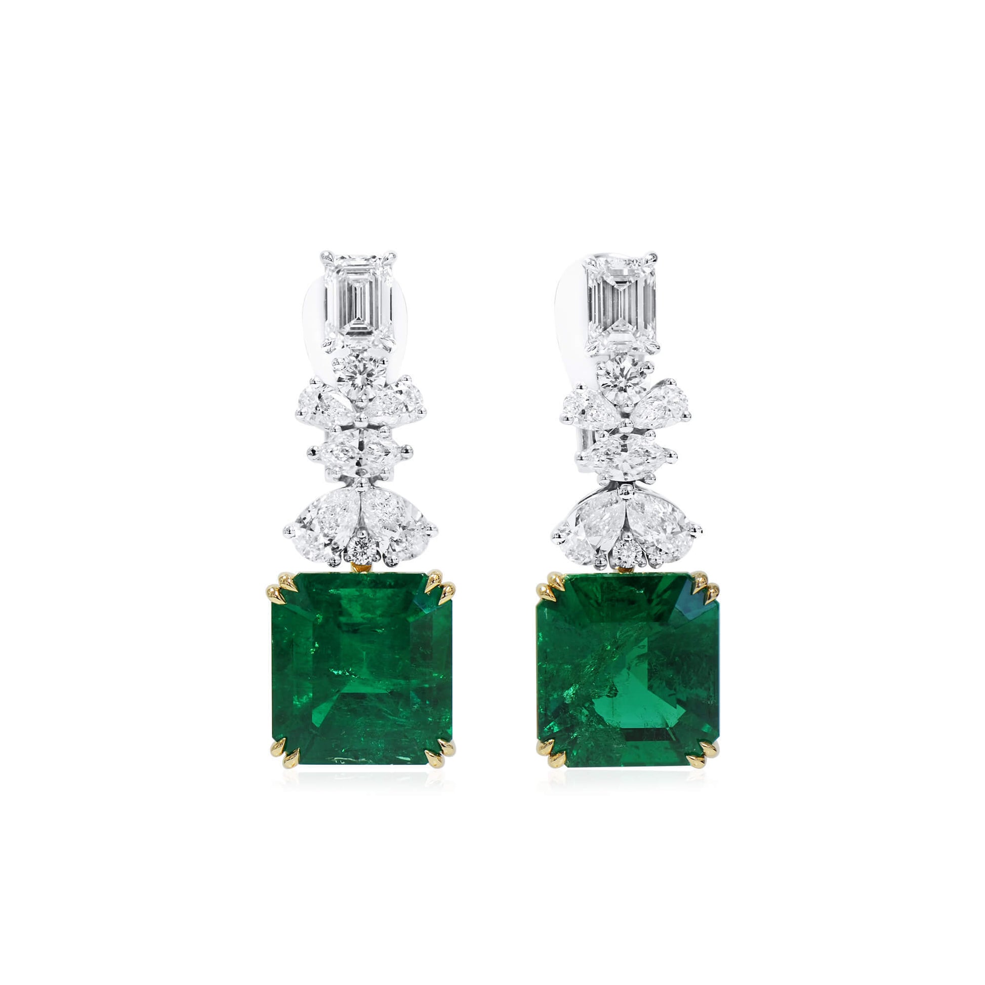 Natural Green Colombian Emerald Drop Earrings, 18K White & Yellow Gold, Emerald Shape, 15.34 Ct. TW
