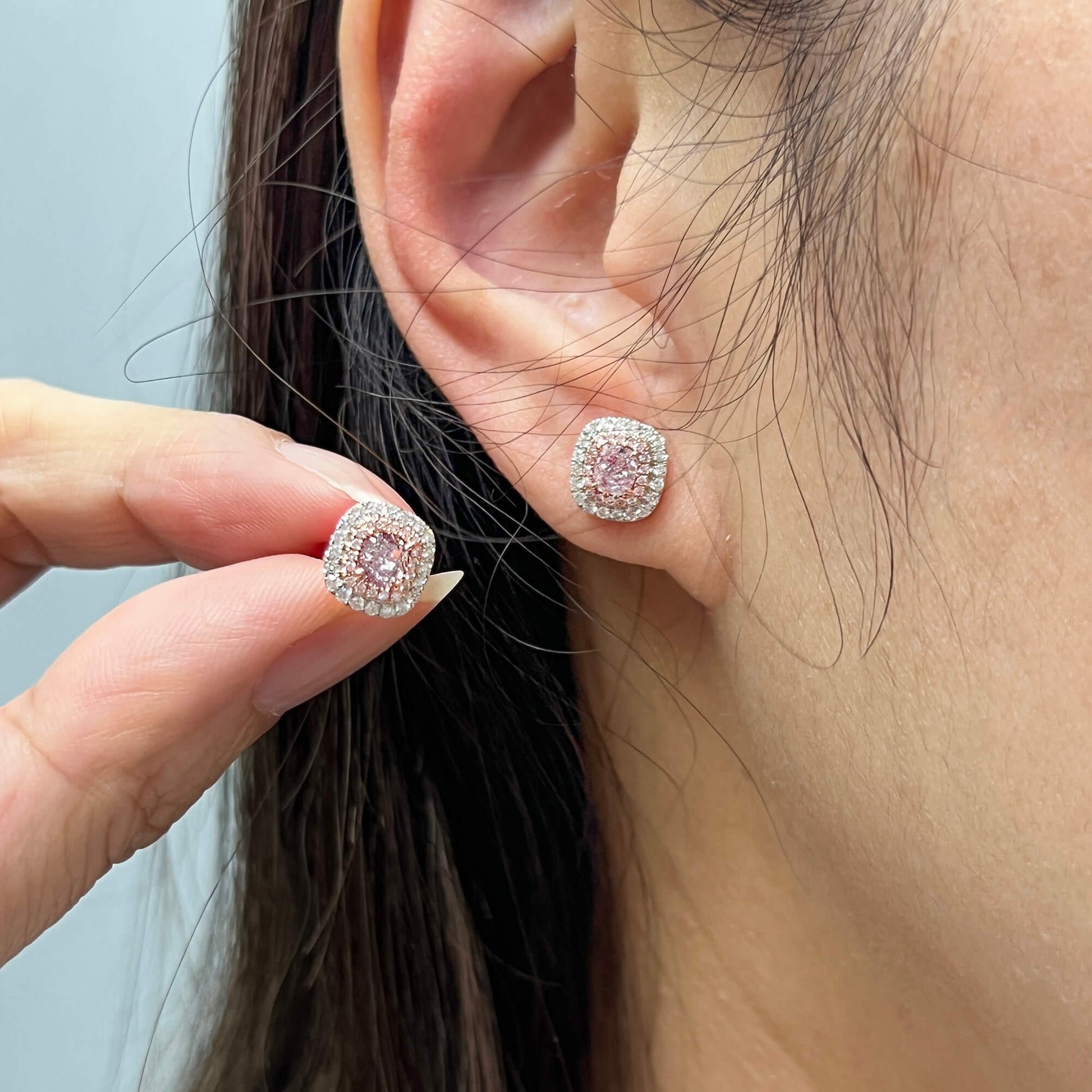 Natural Very Light Pink Diamond Stud Earrings, 18K White & Rose Gold, Cushion Shape, 0.99 Ct. TW