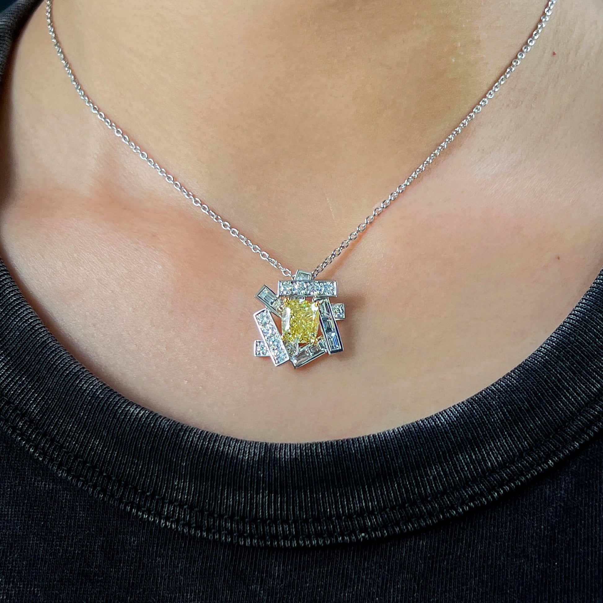 Natural Fancy Yellow Diamond Pendant, 18K White Gold, Cushion Shape, 4.55 Ct. TW
