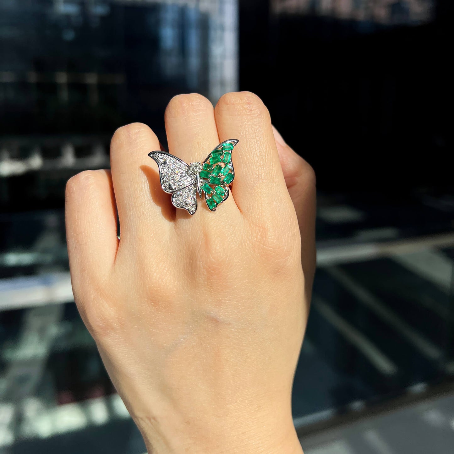 Natural Emerald And Diamond Butterfly Ring, 14K White Gold, 1.96 Ct. TW