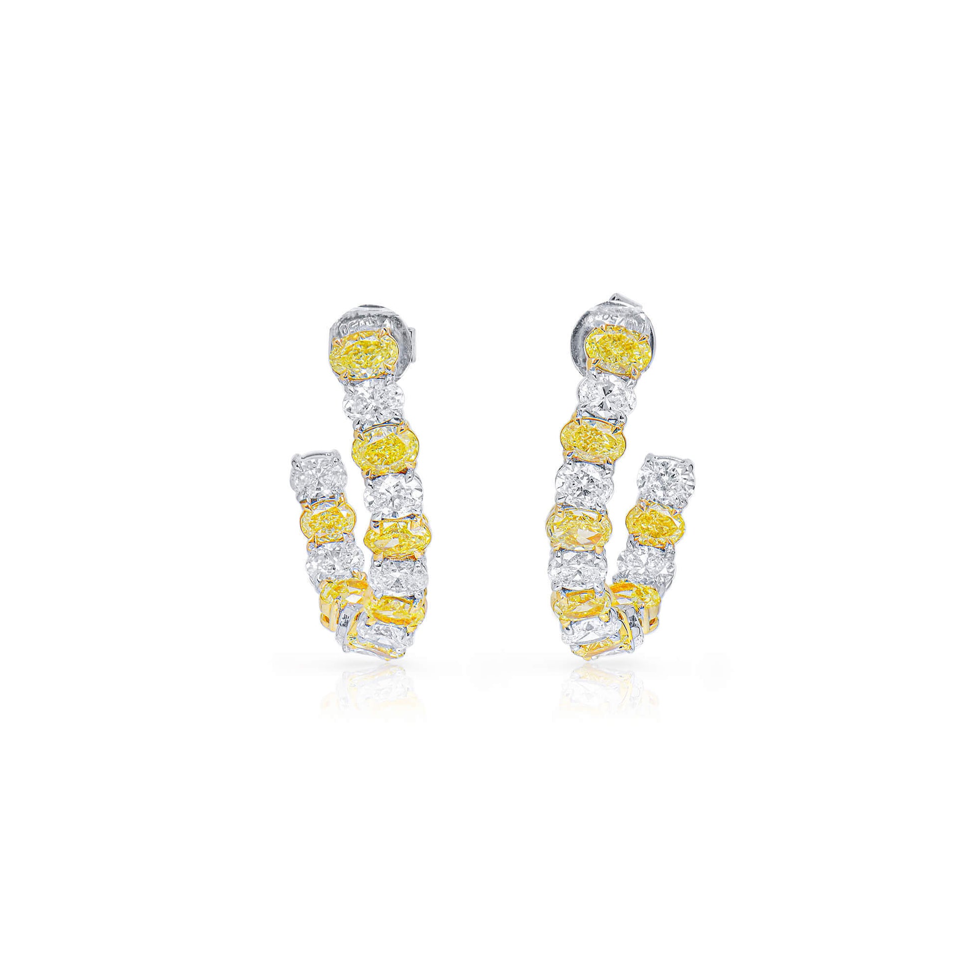 Natural Fancy Yellow & White Hoop Earrings, 18K White & Yellow Gold, Oval Shape, 4.80 Ct. TW