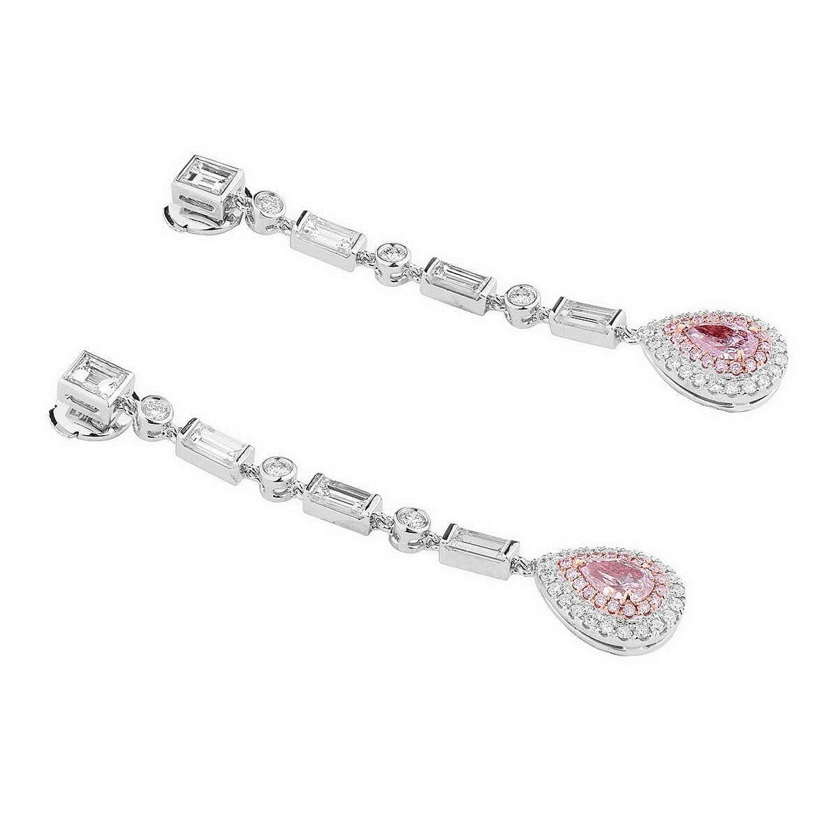 Natural Pink & White Diamond Drop Earrings, 18K White Gold, Pear Shape, 2.90 Ct. TW