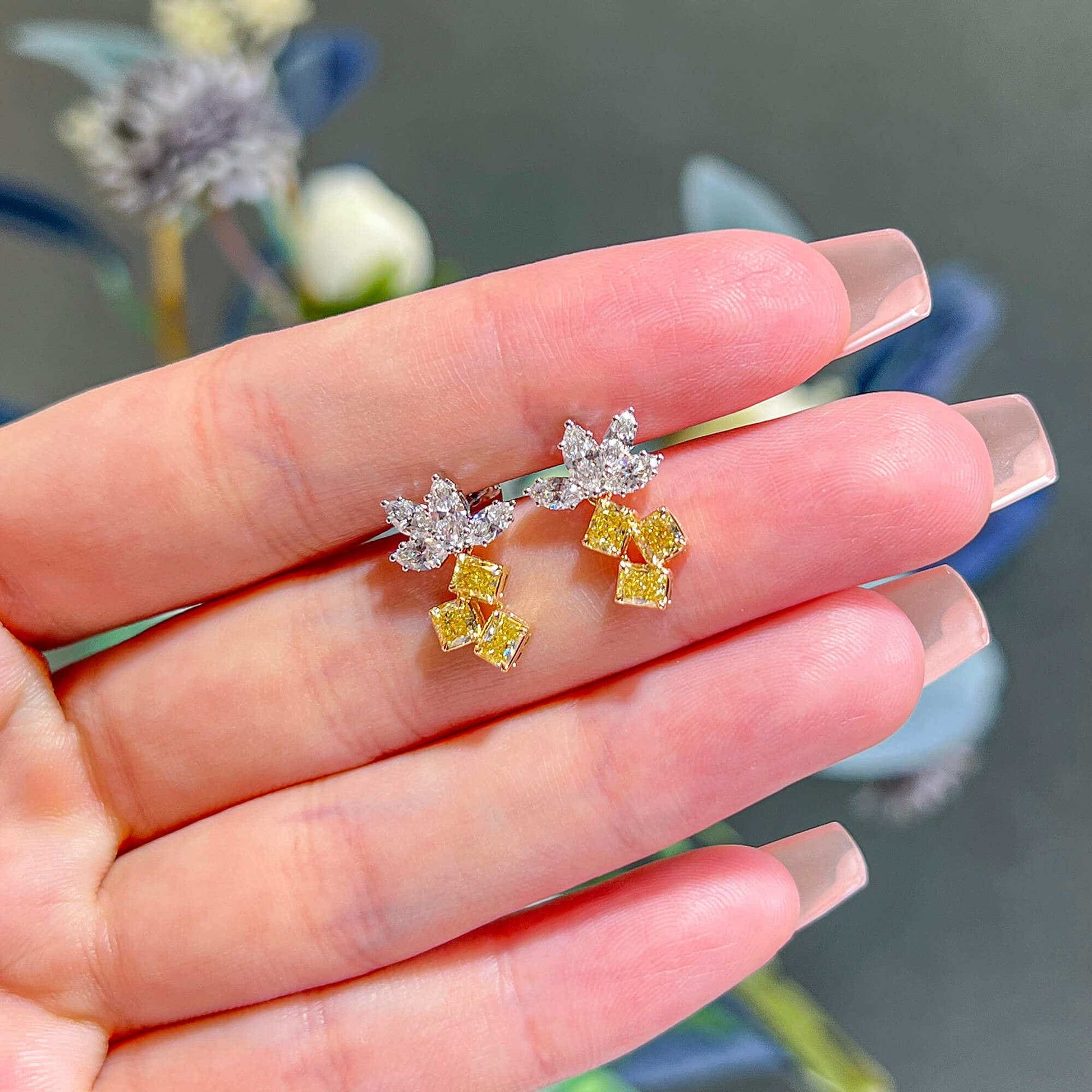 Natural Fancy Yellow & White Cluster Earrings, 18K White & Rose Gold, 2.0 Ct. TW