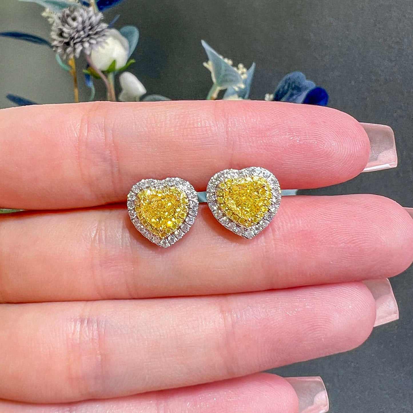 Natural Fancy Yellow & White Cluster Earrings, 18K White & Yellow Gold, Heart Shape, 2.60 Ct. TW