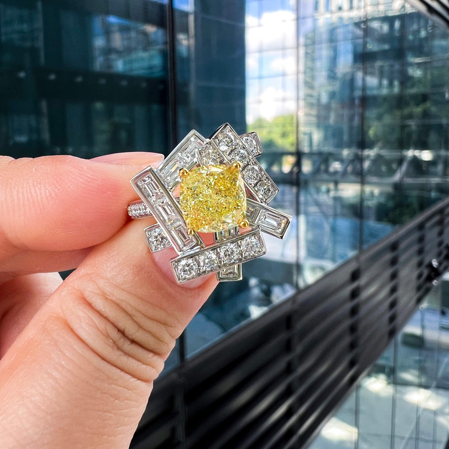 Natural Fancy Yellow Diamond Ring, 18K White Gold, Cushion Shape, 4.93 Ct. TW