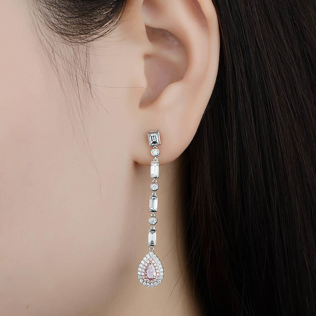 Natural Pink & White Diamond Drop Earrings, 18K White Gold, Pear Shape, 2.90 Ct. TW