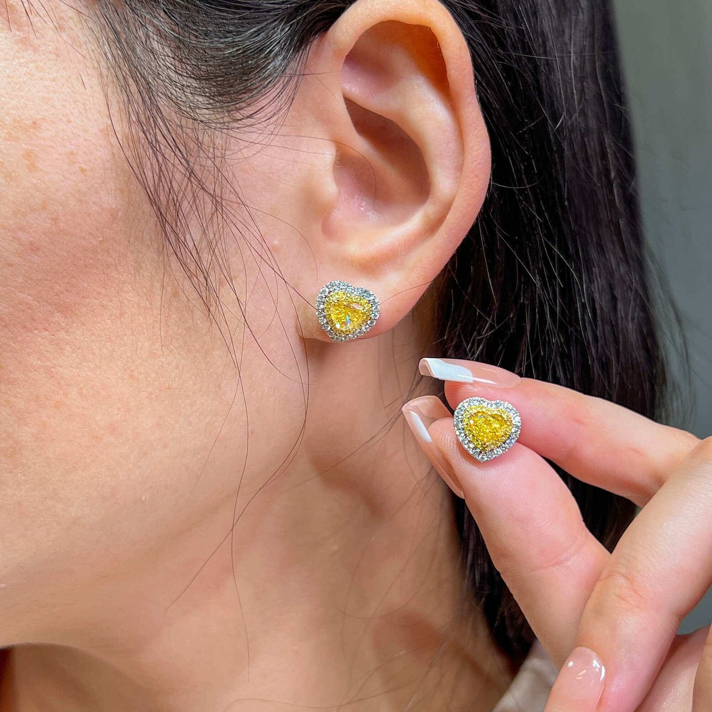 Natural Fancy Yellow & White Cluster Earrings, 18K White & Yellow Gold, Heart Shape, 2.60 Ct. TW