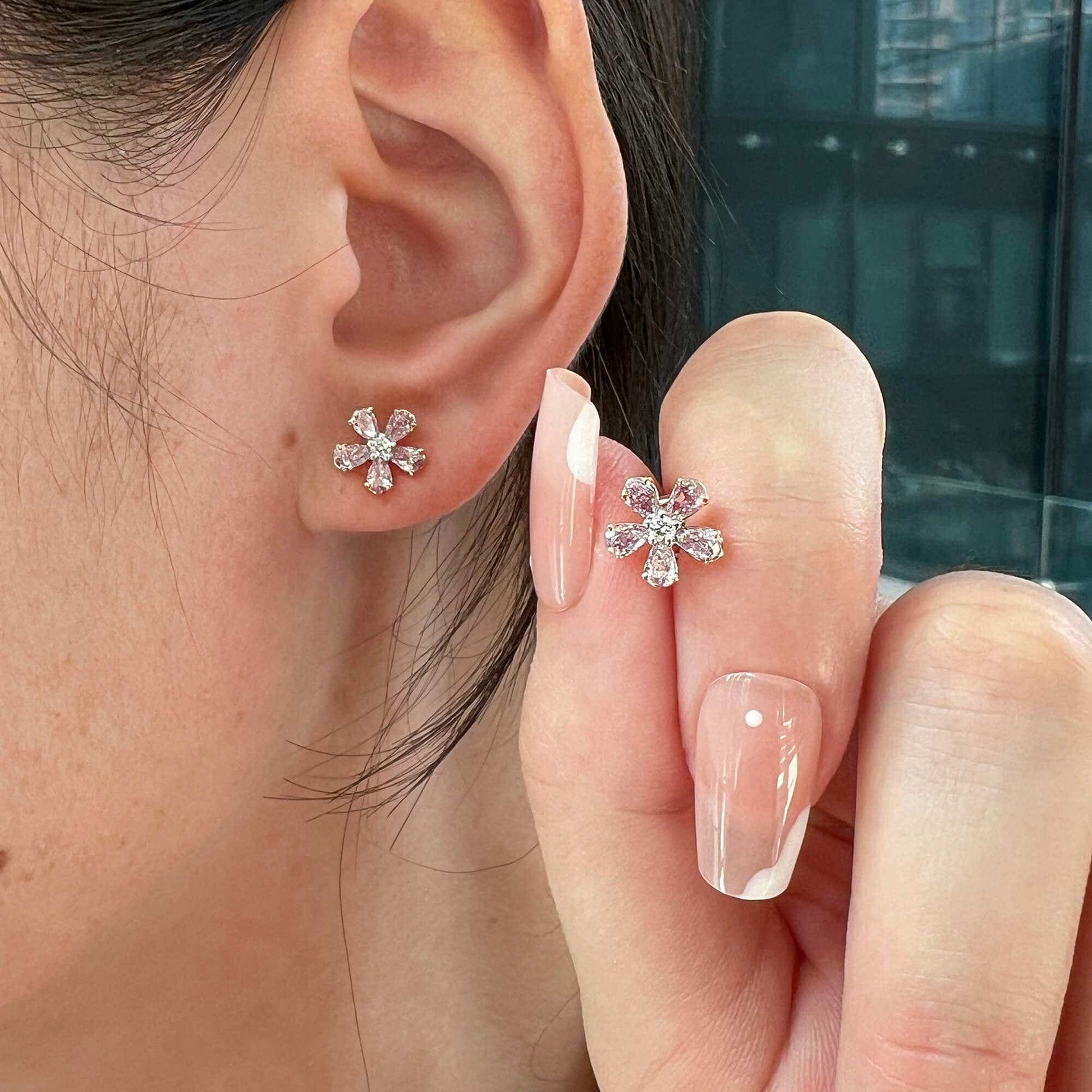 Natural Pink & White Diamond Flower Earrings, 18K White & Rose Gold, 1.00 Ct. TW