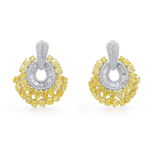 Natural Yellow & White Diamond Drop Earrings, 18K White & Yellow Gold, 15.50 Ct. TW