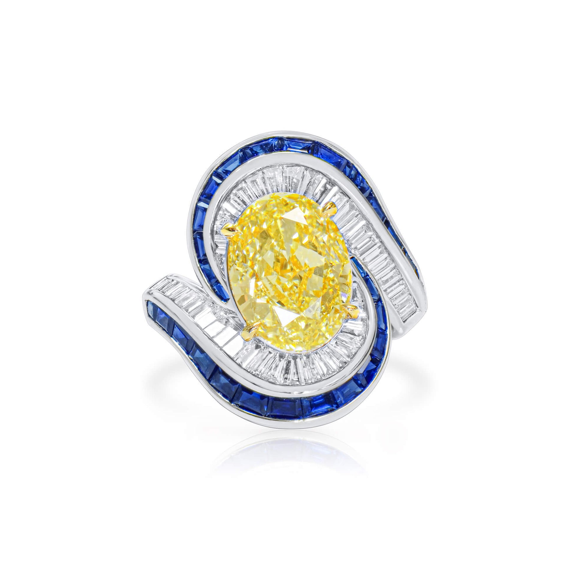 Natural Fancy Light Yellow Oval Diamond Ring with Blue Sapphires & Baguette Diamonds, 18K White Gold, 8.79 Ct. TW