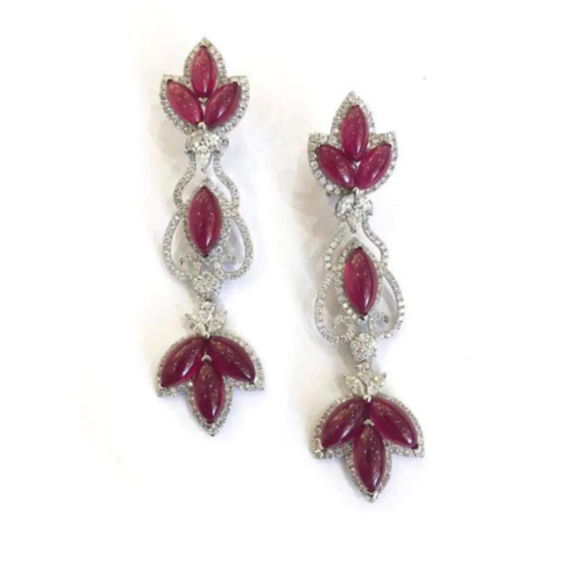 Natural Diamond and Red Ruby Drop Earrings, 18K White Gold, 59.41 Ct. TW