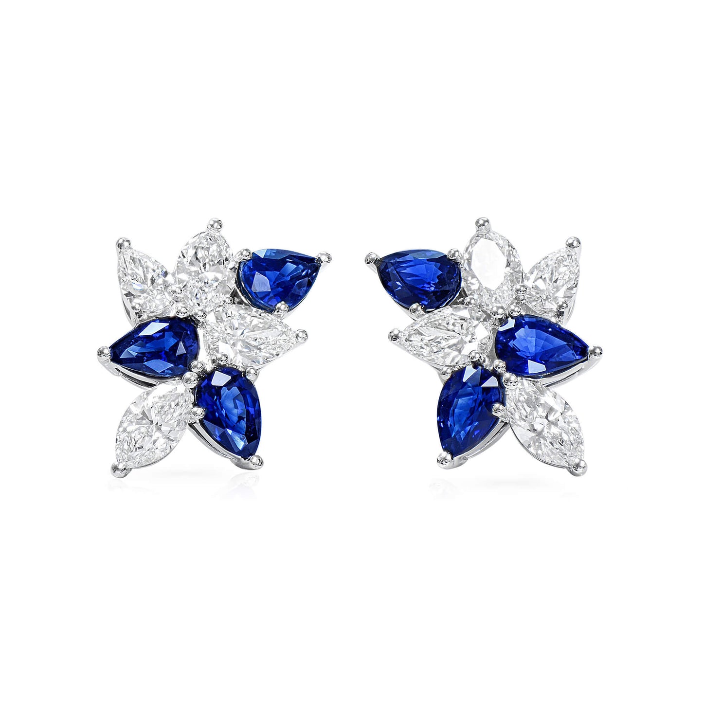 עגילי יהלומים טבעיים וספיר כחול, זהב לבן 18 קראט, צורת אגס, 5.54 קראט TW