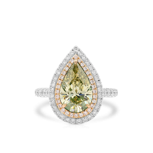 Fancy Brownish Greenish Yellow Diamond Ring, 3.15 Ct. TW, Pear shape, GIA Certified