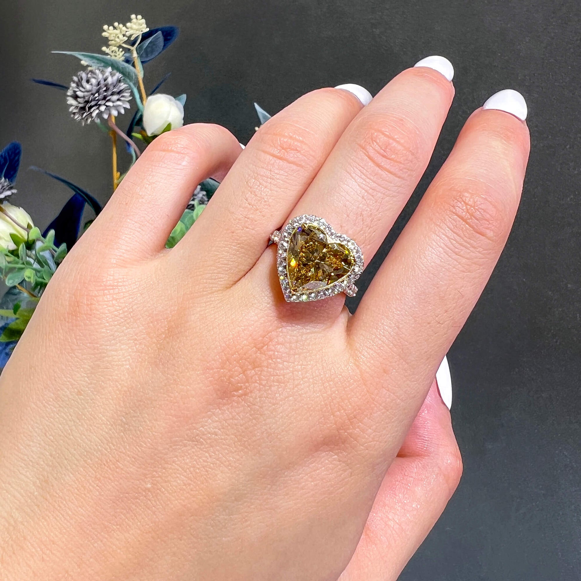 Natural Fancy Brownish Yellow Diamond Halo Ring, 18K White & Yellow Gold, Heart Shape, 8.64 Ct. TW