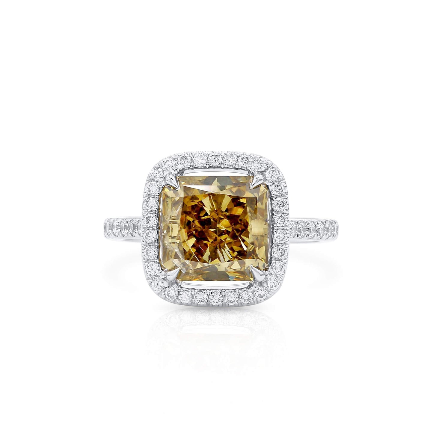 Natural Fancy Dark Brown-Greenish Yellow Diamond Halo Ring, 18K White Gold, Radiant Shape, 4.50 Ct. TW