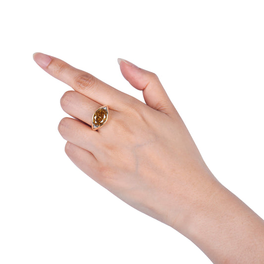Natural 7.23 Ct. TW Fancy Deep Brownish Orangy Yellow Oval-Cut Diamond Ring, 18K White & Yellow Gold
