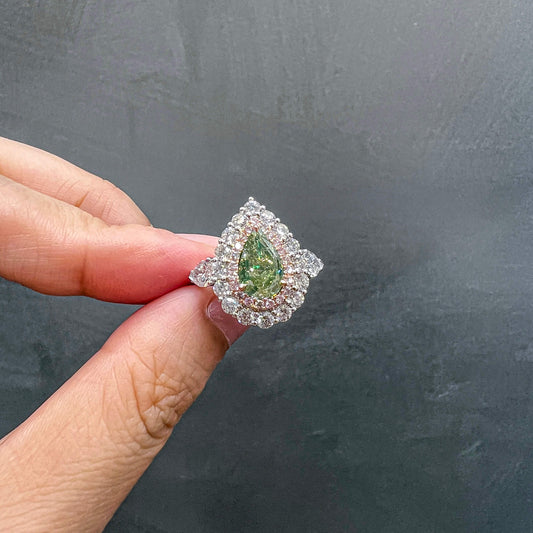 Natural Fancy Grayish Greenish Yellow Diamond Halo Ring, 18K White Gold, Pear Shape, 3.84 Ct. TW