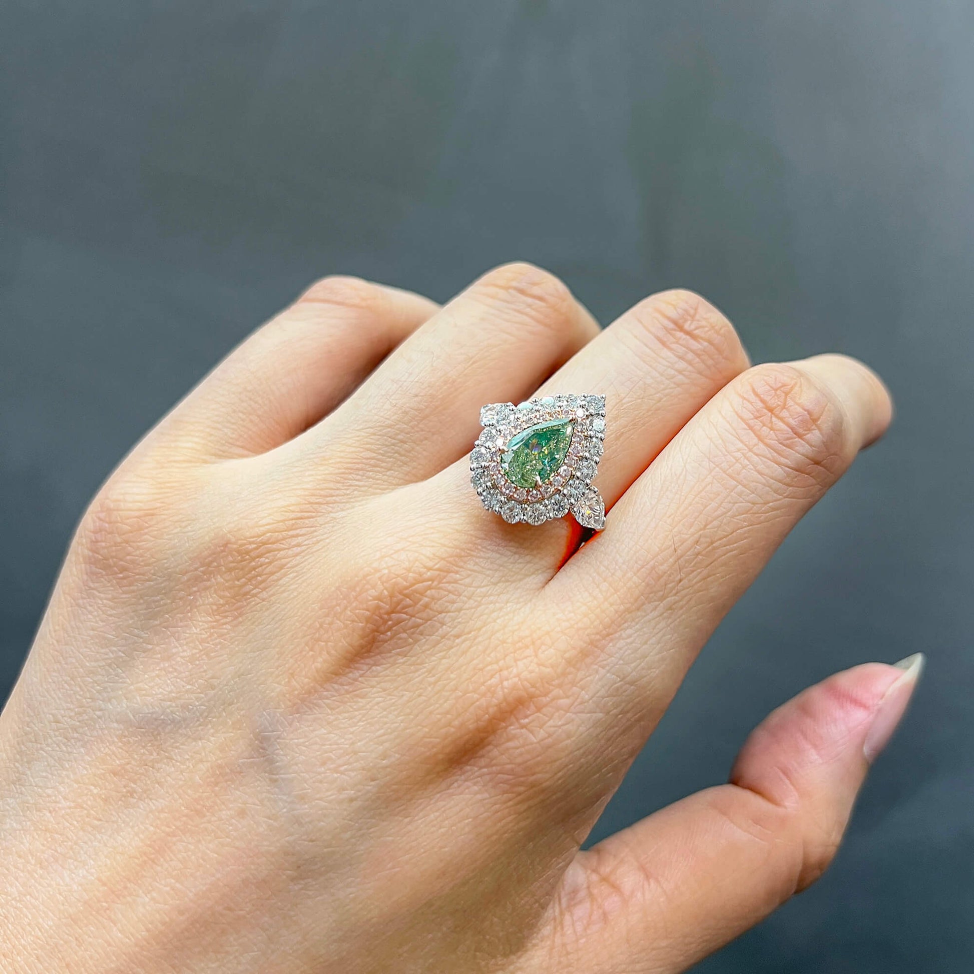 Natural Fancy Grayish Greenish Yellow Diamond Halo Ring, 18K White Gold, Pear Shape, 3.84 Ct. TW