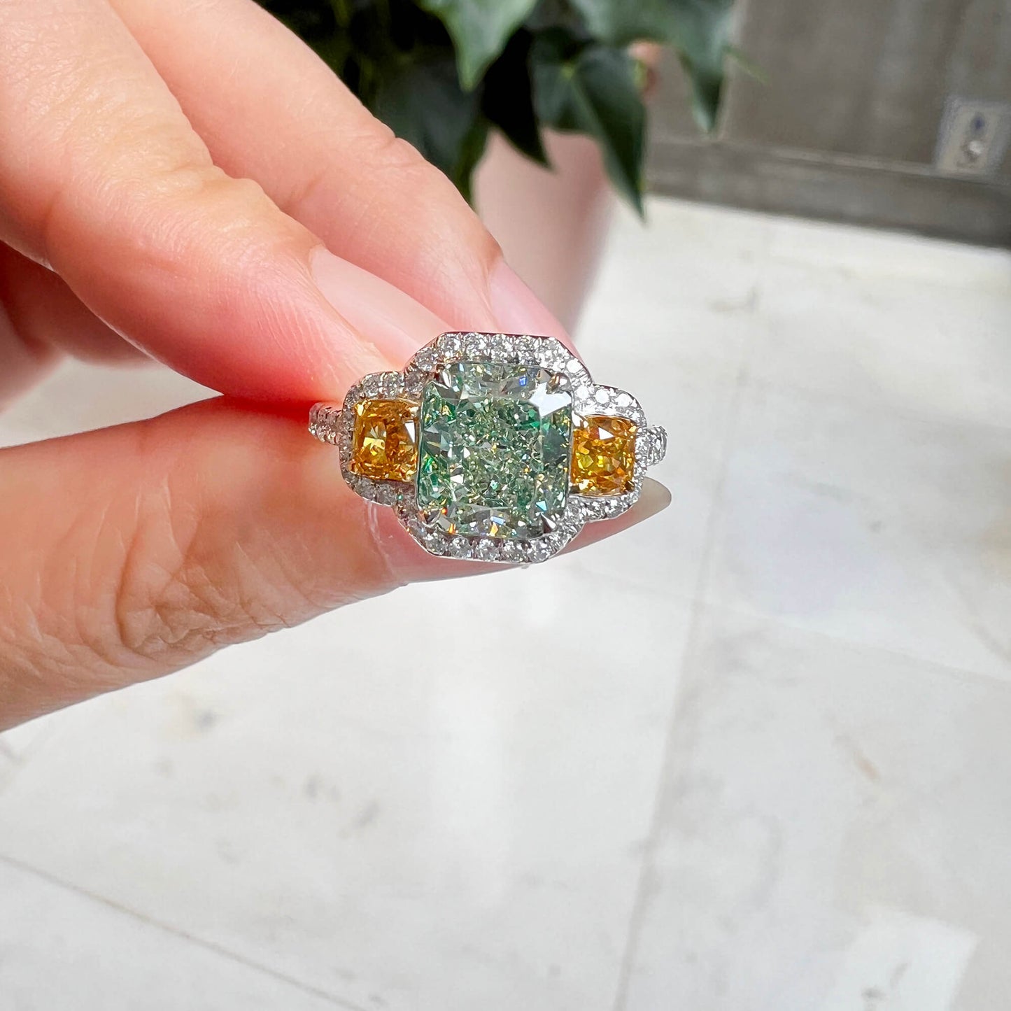 Natural Green and Yellow Diamond Ring, 18K White Gold, Radiant Shape, 2.98 Ct. TW