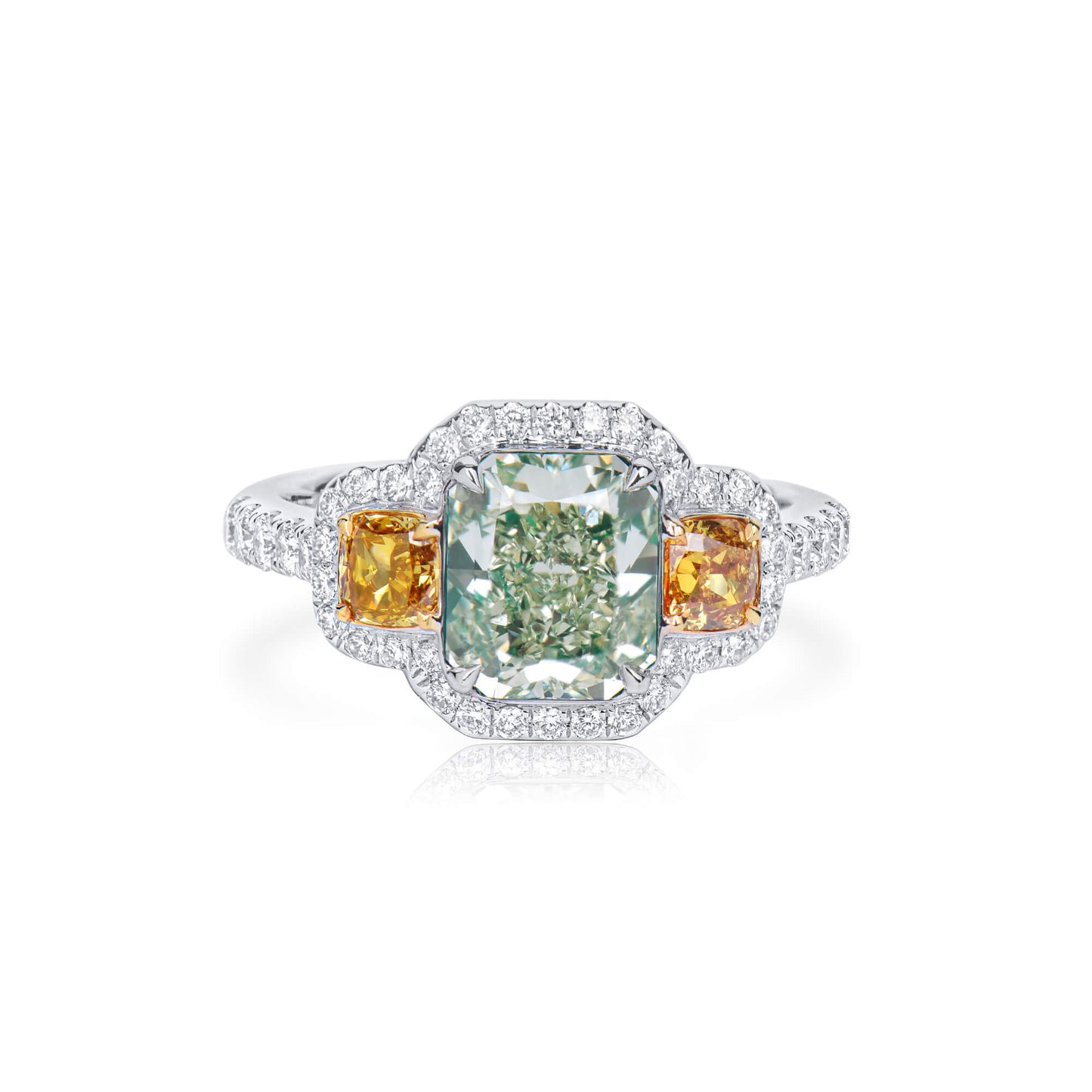 Natural Green and Yellow Diamond Ring, 18K White Gold, Radiant Shape, 2.98 Ct. TW