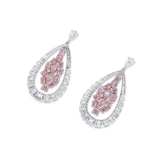 天然华丽浅粉色钻石吊坠耳环，18K白金与玫瑰金，5.49克拉总重