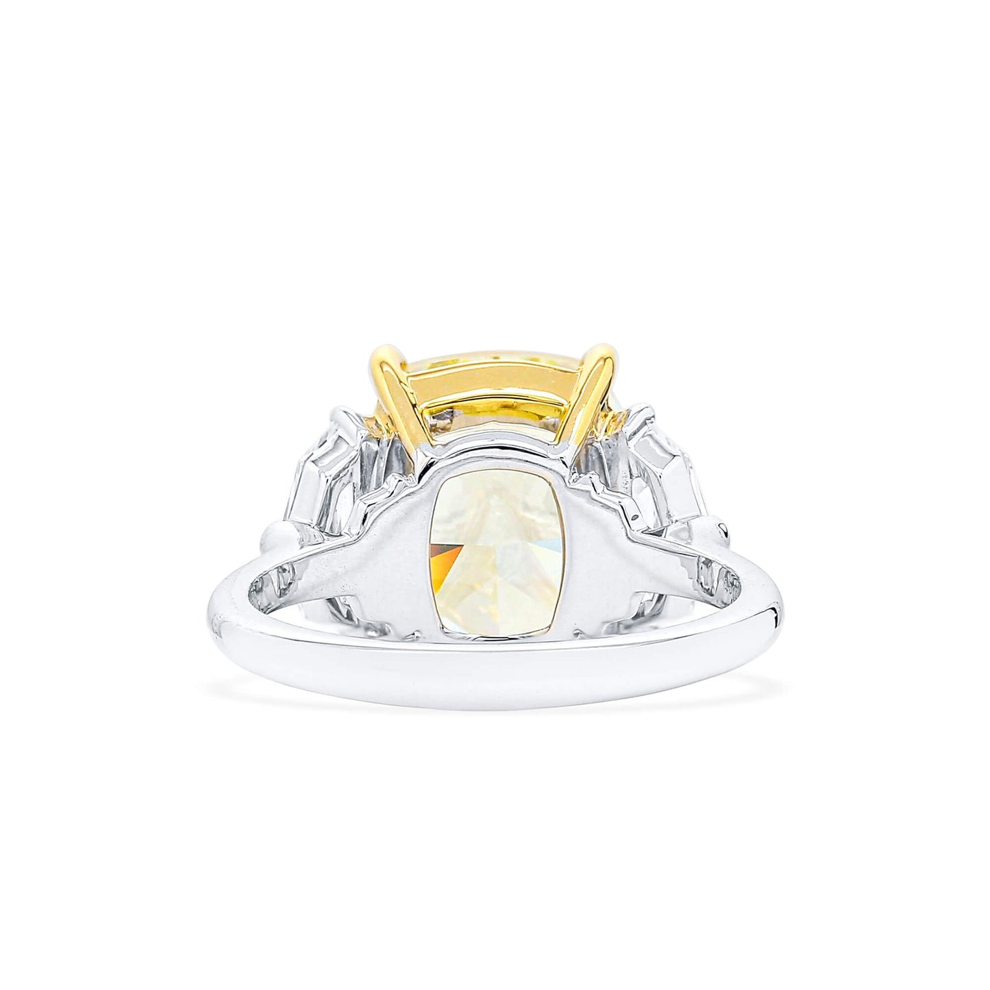 Natural Fancy Light Yellow Diamond Three Stone Ring, 18K White & Yellow Gold, Cushion Shape, 9.09 Ct. TW