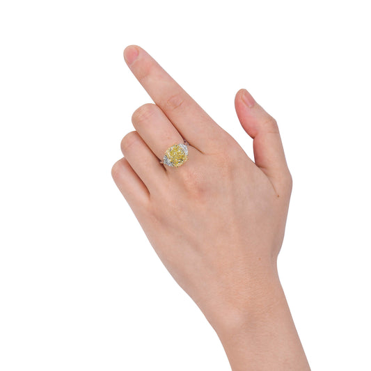 Natural 8.04 Ct. Fancy Light Yellow Cushion-Cut Diamond Three Stone Ring, 18K White & Yellow Gold