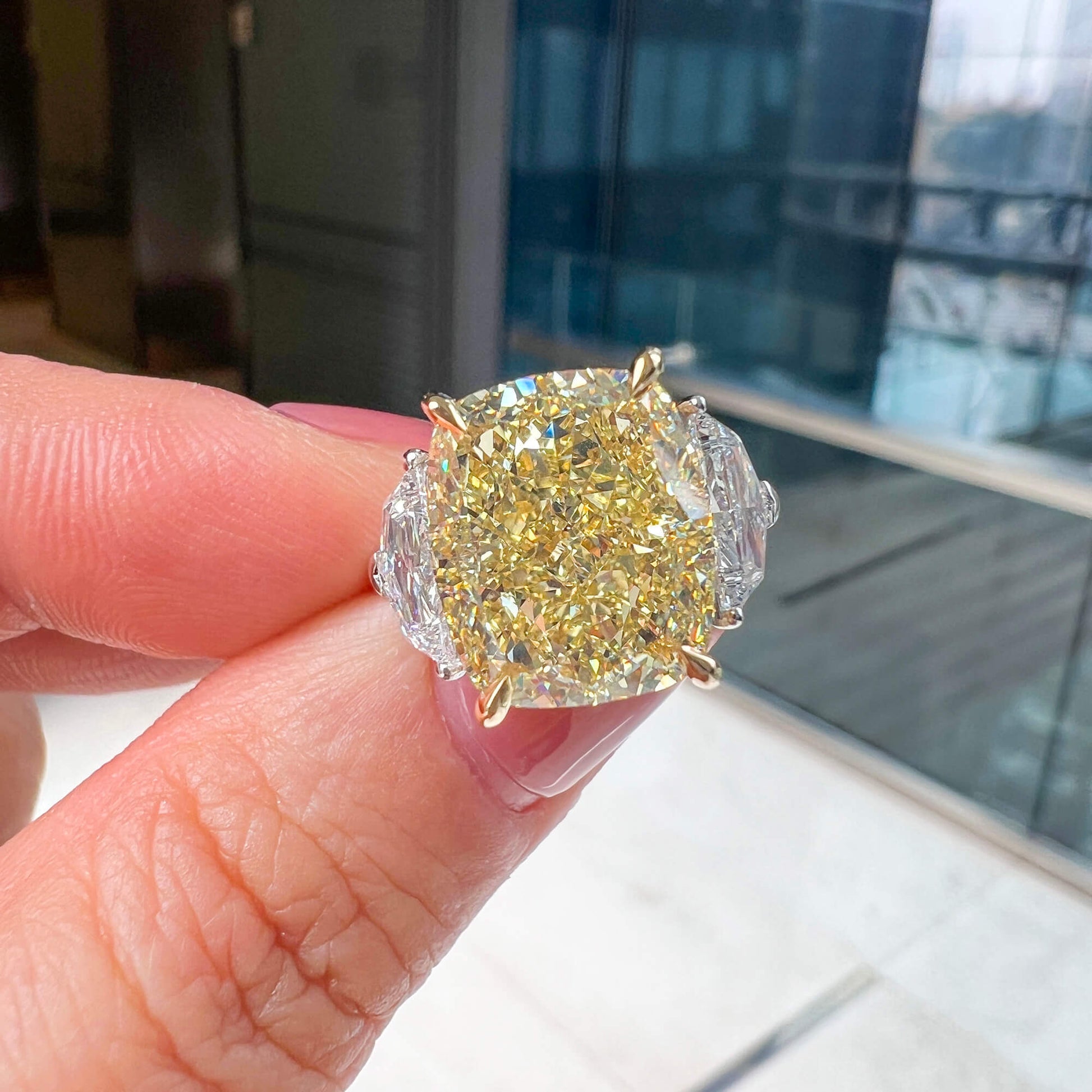 Natural Fancy Light Yellow Diamond Three Stone Ring, 18K White & Yellow Gold, Cushion Shape, 9.09 Ct. TW