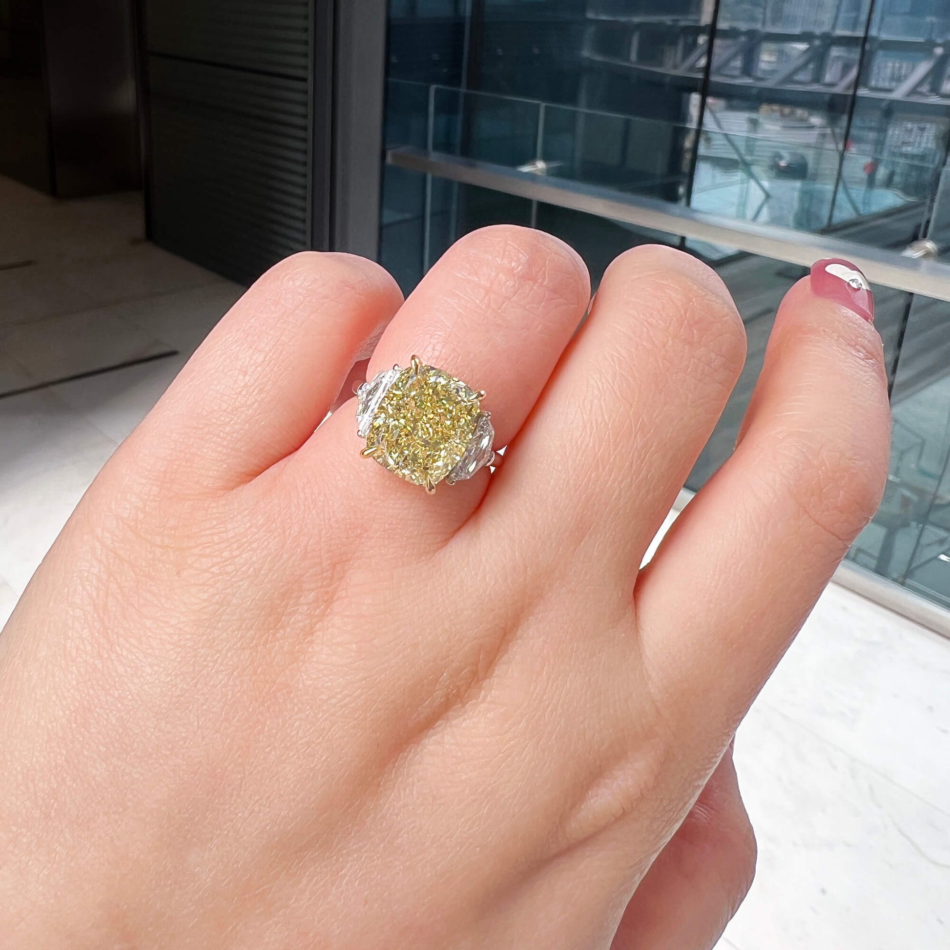 Natural Fancy Light Yellow Diamond Three Stone Ring, 18K White & Yellow Gold, Cushion Shape, 9.09 Ct. TW