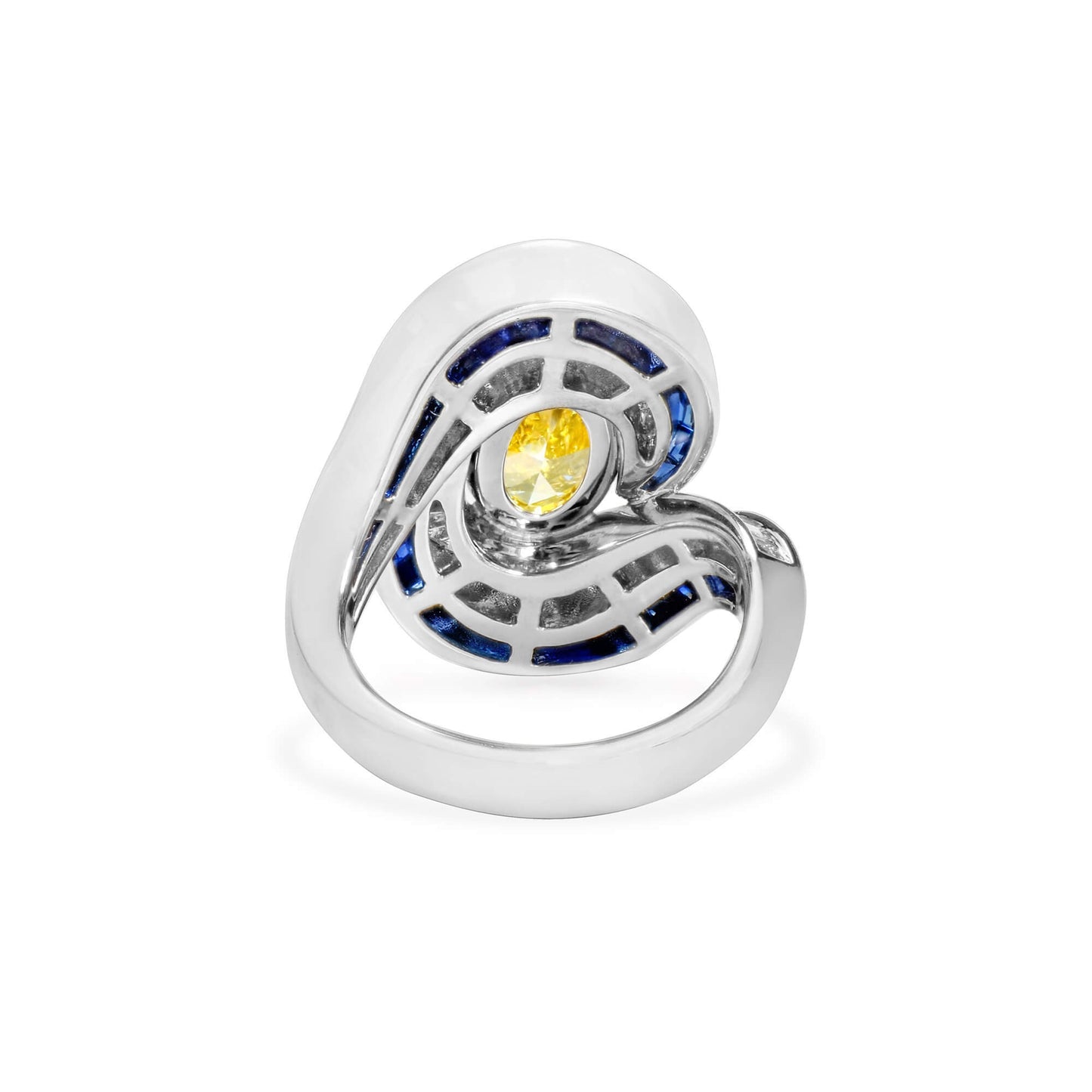 Natural Fancy Light Yellow Oval Diamond Ring with Blue Sapphires & Baguette Diamonds, 18K White Gold, 8.79 Ct. TW