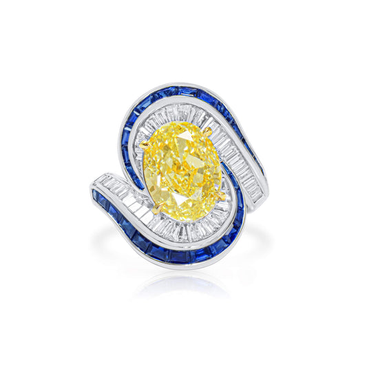 Natural Fancy Light Yellow Oval Diamond Ring with Blue Sapphires & Baguette Diamonds, 18K White Gold, 8.79 Ct. TW