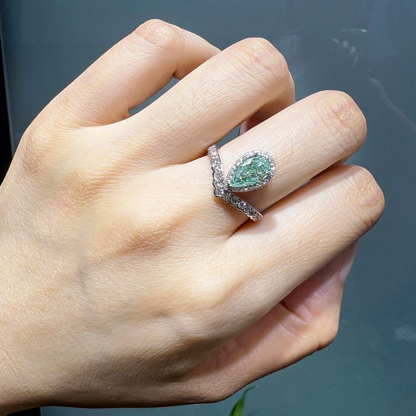 Natural Fancy Light Yellowish Green Diamond Halo Ring, 18K White Gold, Pear Shape, 1.51 Ct. TW