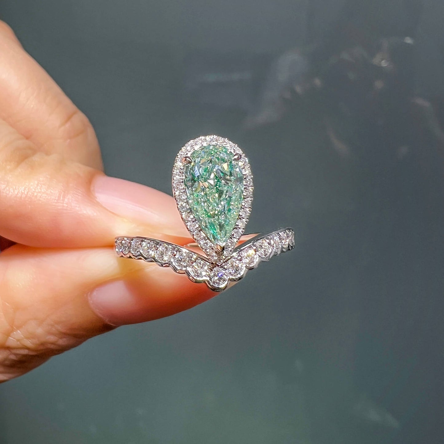 Natural Fancy Light Yellowish Green Diamond Halo Ring, 18K White Gold, Pear Shape, 1.51 Ct. TW