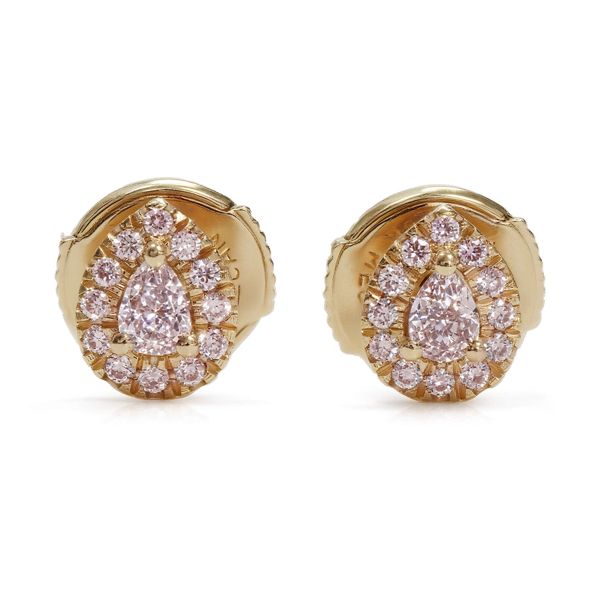 Natural 0.18 Ct. Fancy Pink Pear-Cut Diamond Stud Earrings, 18K Yellow Gold