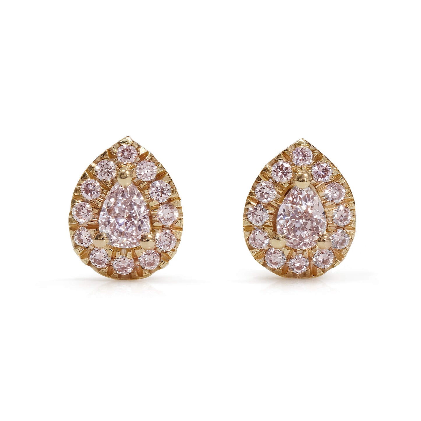 Natural 0.18 Ct. Fancy Pink Pear-Cut Diamond Stud Earrings, 18K Yellow Gold