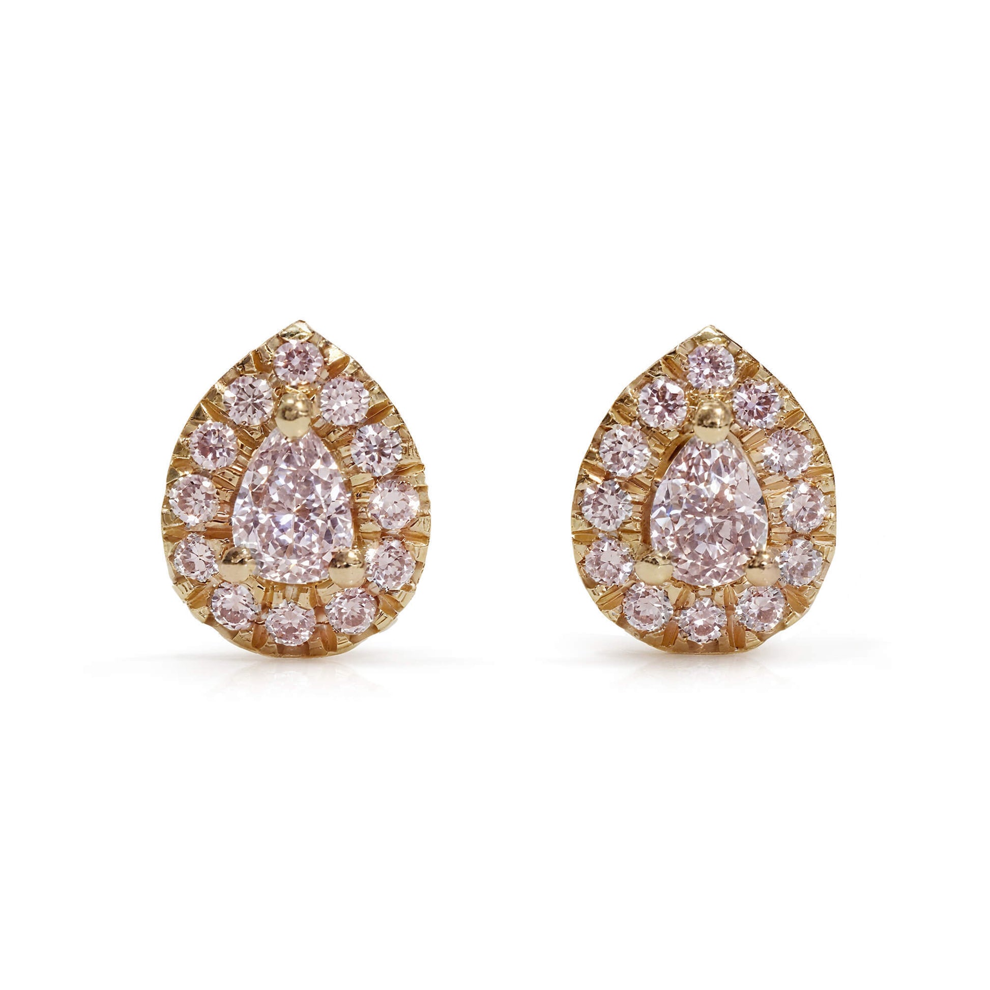 Natural 0.18 Ct. Fancy Pink Pear-Cut Diamond Stud Earrings, 18K Yellow Gold