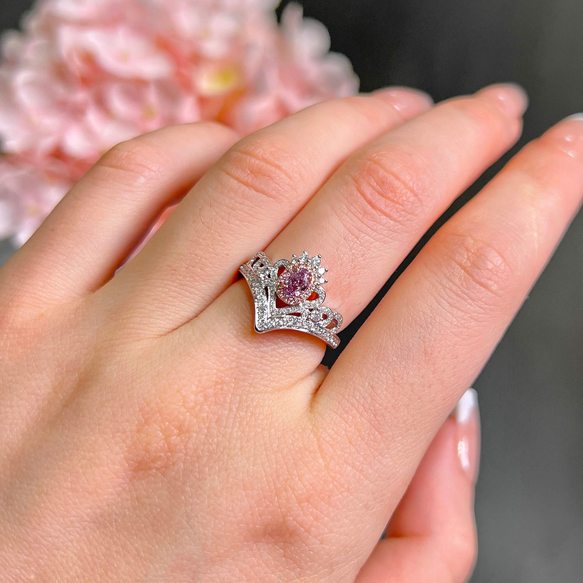 Natural Fancy Purple Pink Diamond Halo Ring, 18K White & Rose Gold, Oval Shape, 0.68 Ct. TW