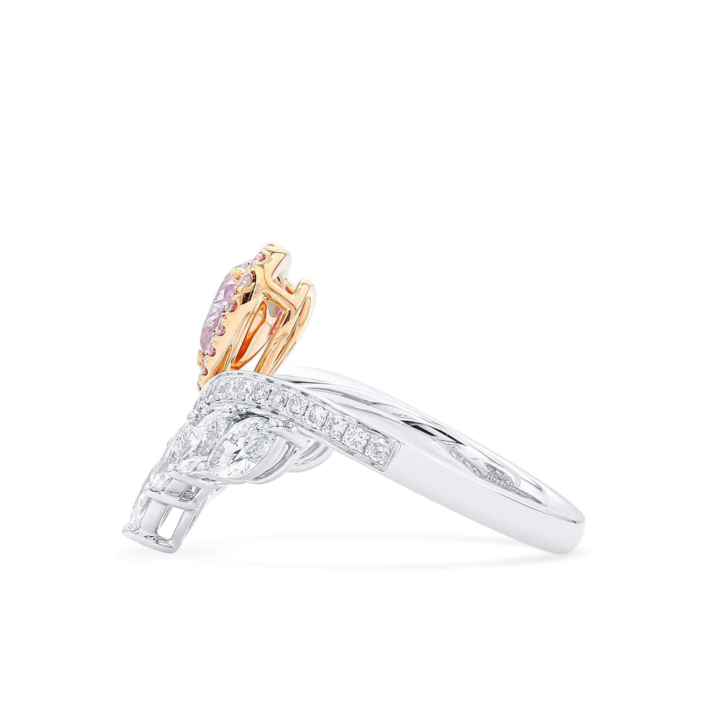 天然华丽紫粉色钻石光环戒指，18K白金，梨形，1.68克拉总重