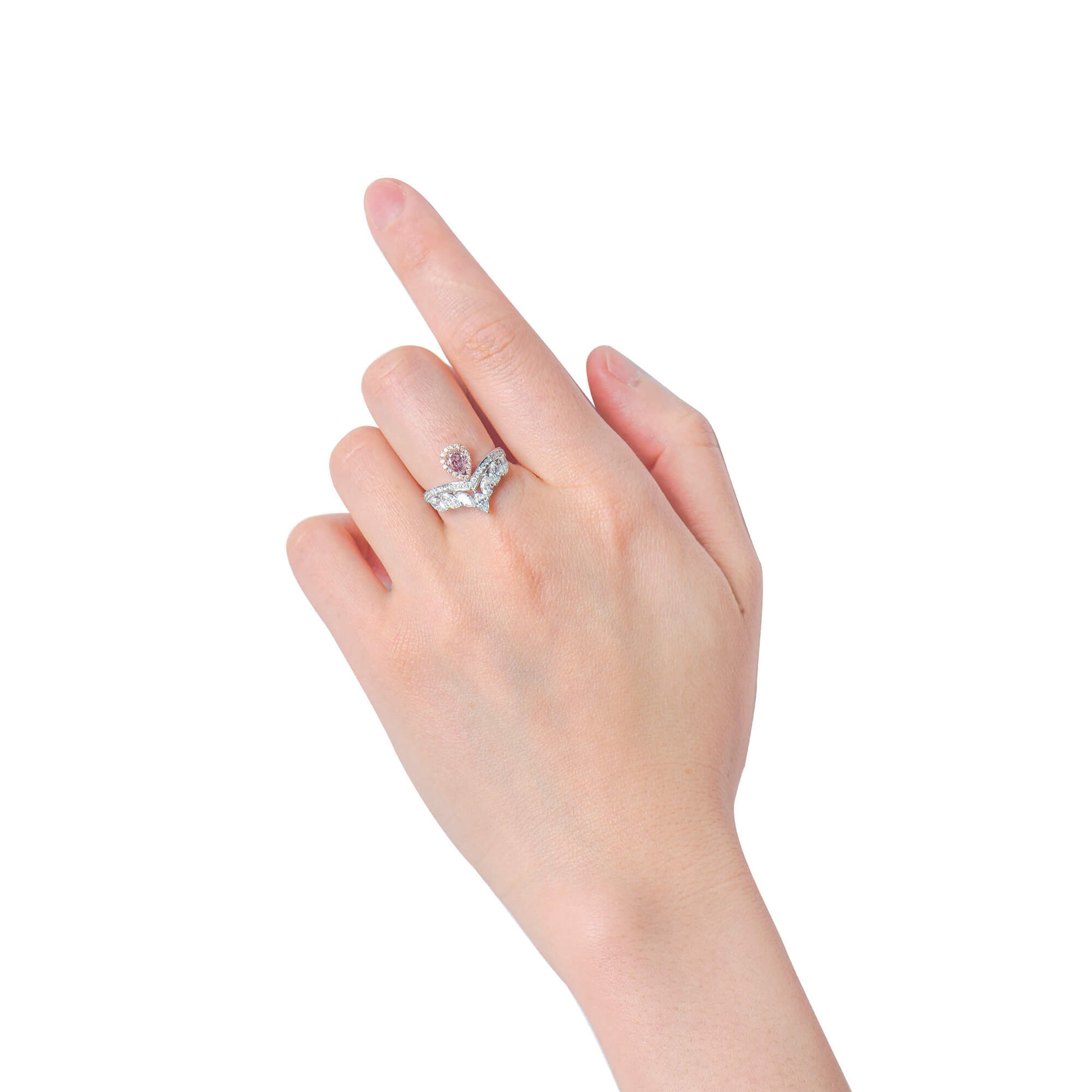 天然华丽紫粉色钻石光环戒指，18K白金，梨形，1.68克拉总重