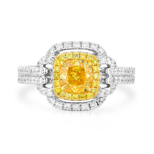 艳彩黄 钻石戒指，总重1.82克拉，枕形，GIA认证