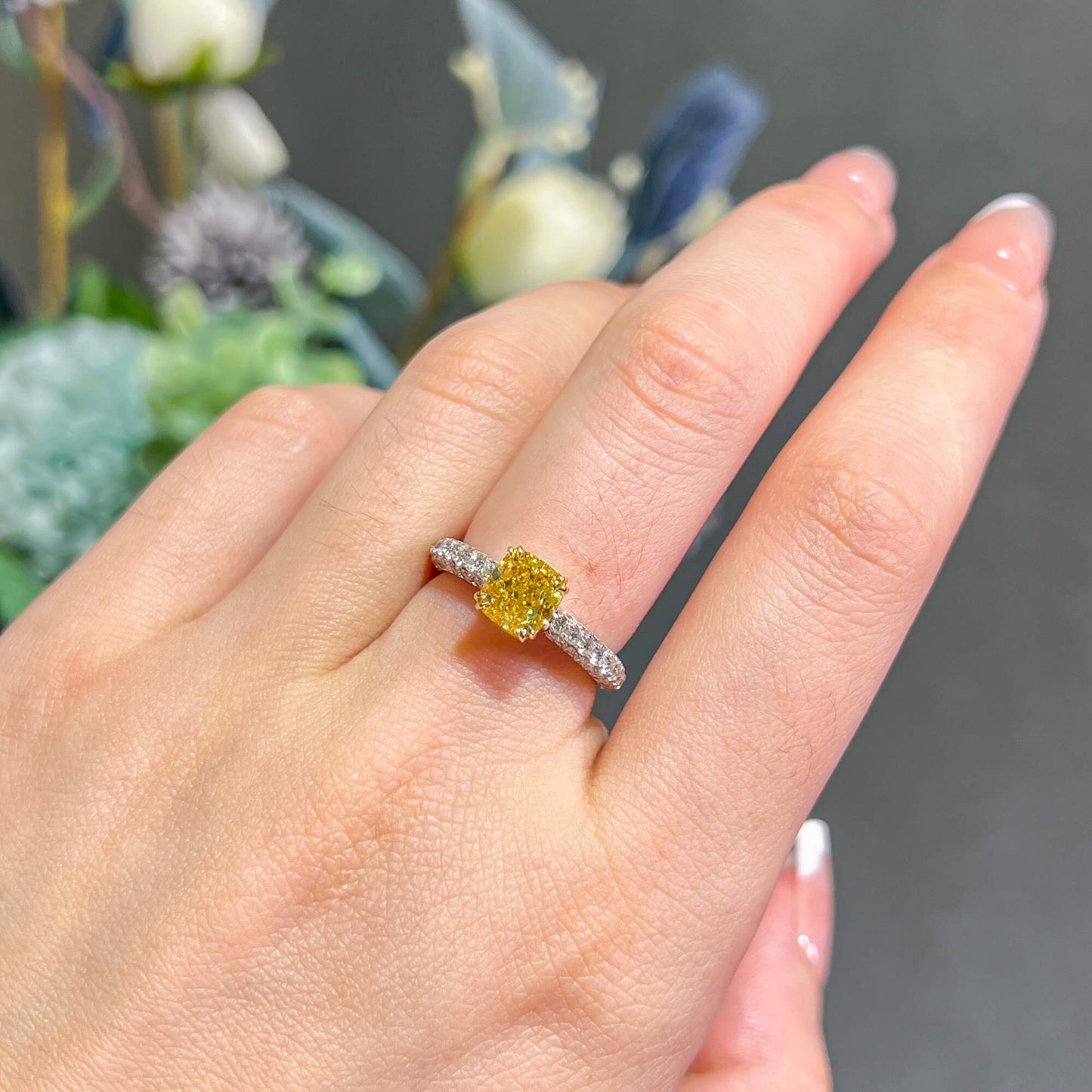 Natural Fancy Vivid Yellow Diamond Solitaire Ring, 18K White & Yellow Gold, Cushion Shape, 2.37 Ct. TW