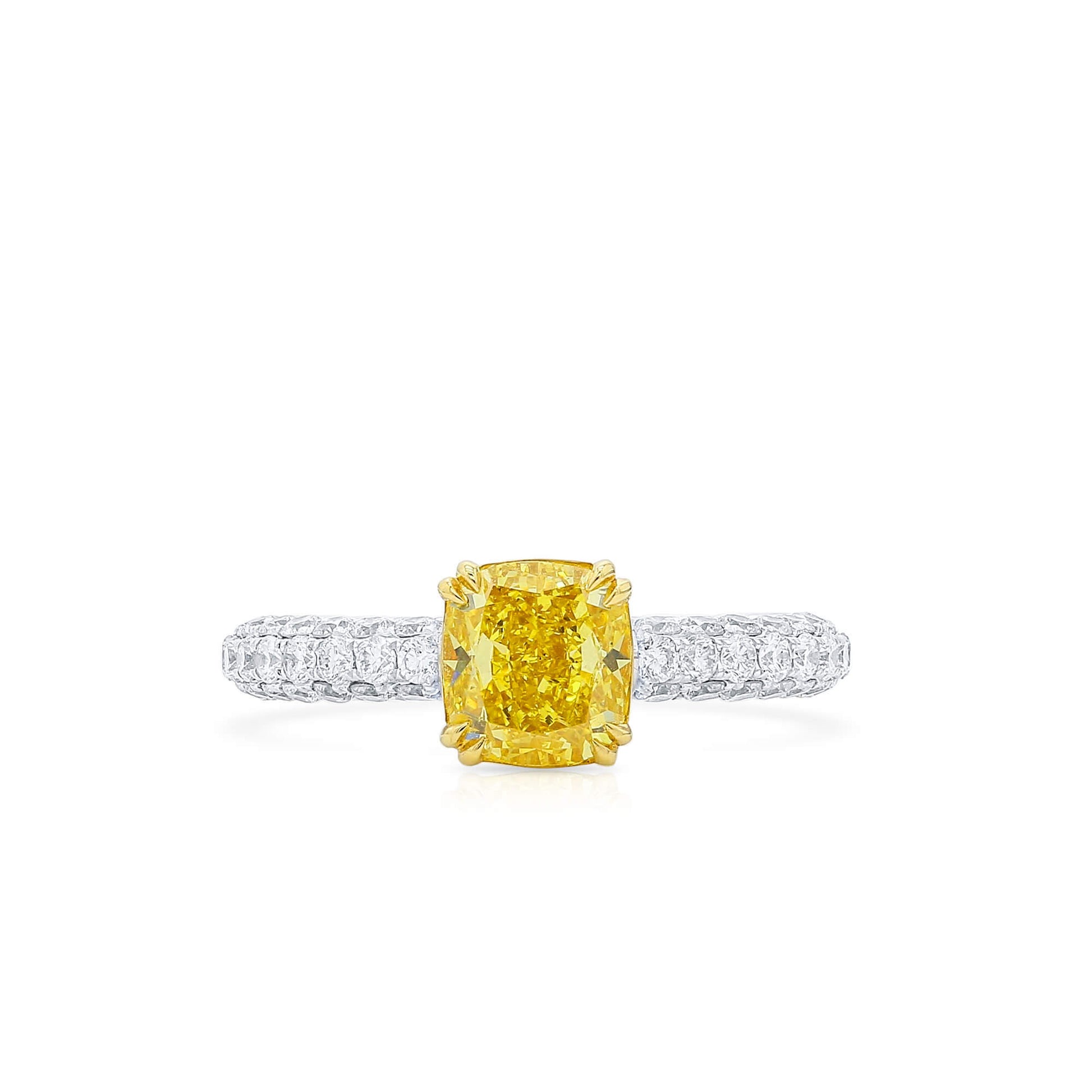 Natural Fancy Vivid Yellow Diamond Solitaire Ring, 18K White & Yellow Gold, Cushion Shape, 2.37 Ct. TW
